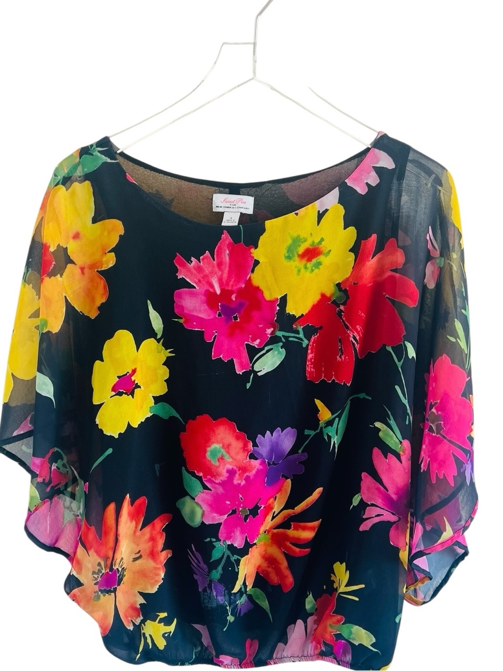 Sweet Pea Black Floral Sheer Blouse with Bright Multicolor Blooms